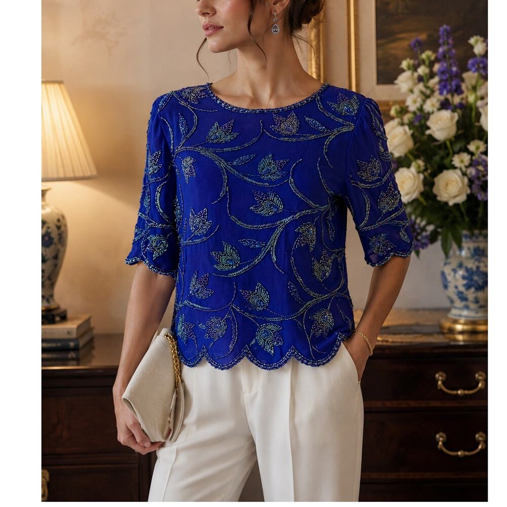Vintage Landa Cobalt Blue Silk Beaded Sequin Floral Blouse Top Scallop Hem S